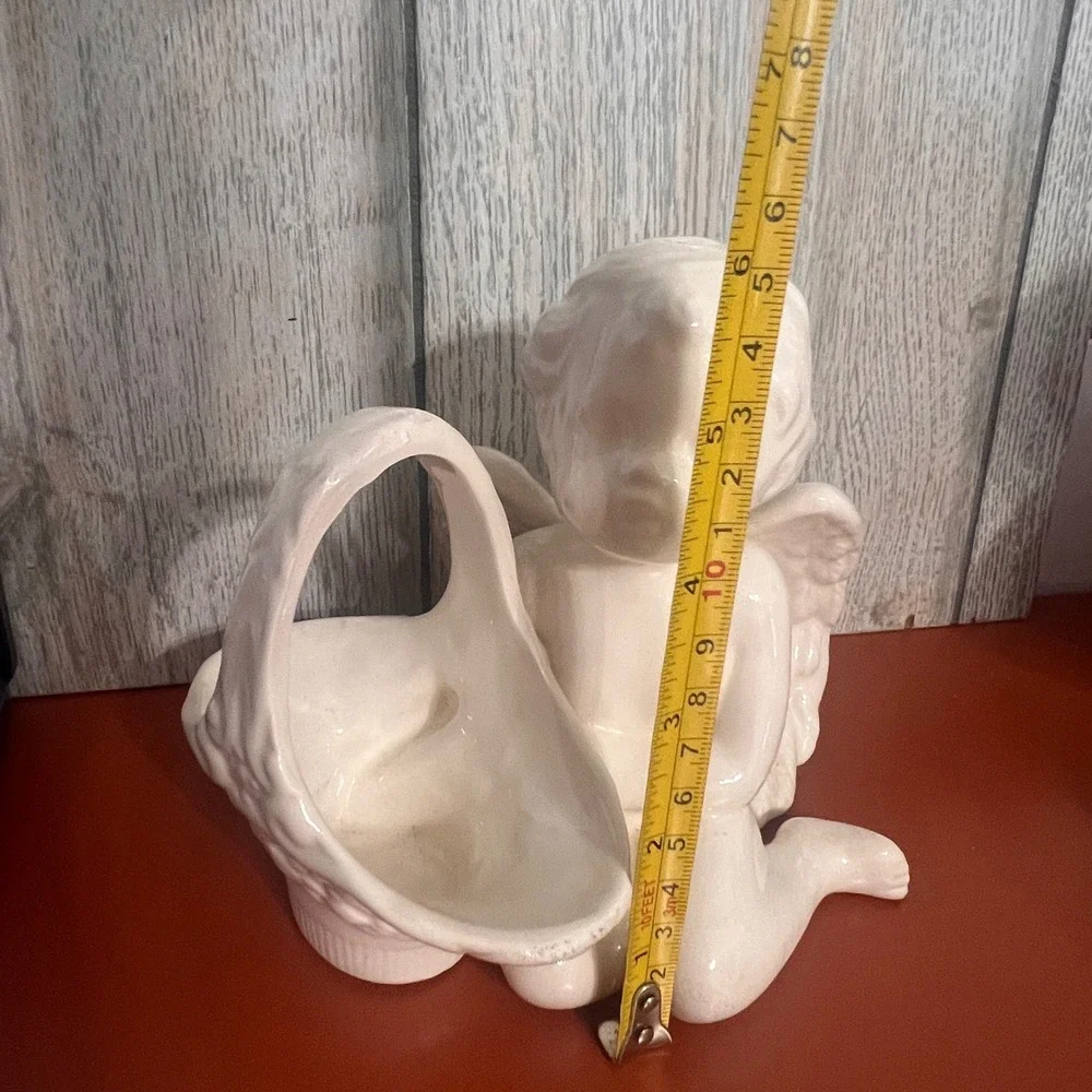 Vintage Ceramic Cherub Angel Figurine Planter Basket Trinket Dish Cream White